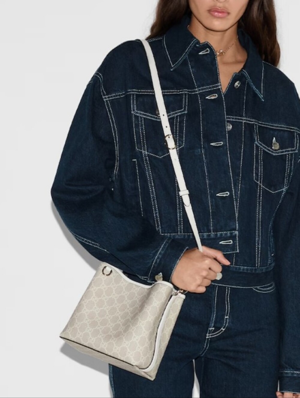 GG Emblem Small Bucket Bag in Signature Canvas - Cream/White